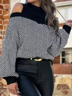 Pulls pour femmes noir bloc de couleur col bijou manches longues épaule ouverte pulls en acrylique