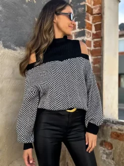 Pulls pour femmes noir bloc de couleur col bijou manches longues épaule ouverte pulls en acrylique