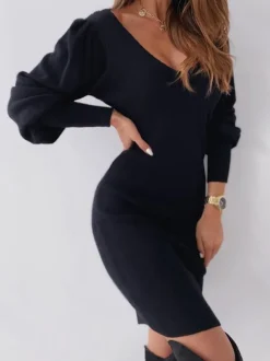 Pulls Robes en Mailles Femmes Hiver à Col en V et Dos nu avec Dentelle Silhouette avec Manche de landerne