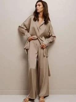 Pyjama Ensembles Café Brun Vêtement de Maison Lingerie En Soie 2 Pièces