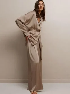 Pyjama Ensembles Café Brun Vêtement de Maison Lingerie En Soie 2 Pièces
