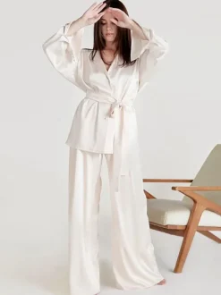 Pyjama Ensembles Café Brun Vêtement de Maison Lingerie En Soie 2 Pièces
