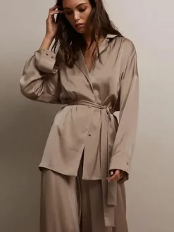 Pyjama Ensembles Café Brun Vêtement de Maison Lingerie En Soie 2 Pièces