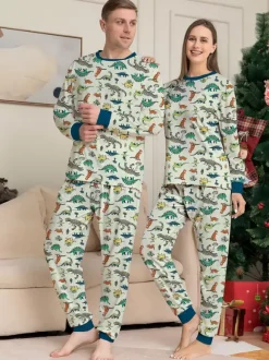 Pyjama imprimé animal col rond manches longues poignets ensemble 2 pièces