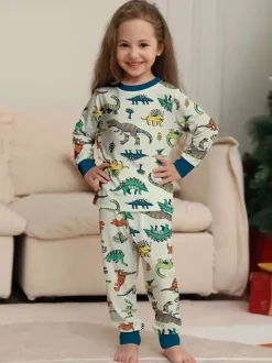 Pyjama imprimé animal col rond manches longues poignets ensemble 2 pièces