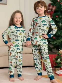 Pyjama imprimé animal col rond manches longues poignets ensemble 2 pièces