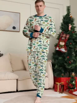 Pyjama imprimé animal col rond manches longues poignets ensemble 2 pièces