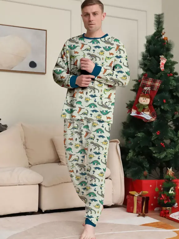 Pyjama imprimé animal col rond manches longues poignets ensemble 2 pièces