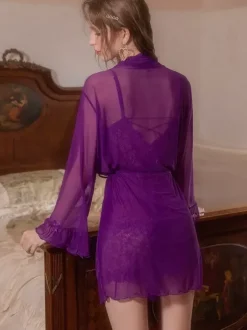 Pyjama robe de chambre ceinture violette lingerie d'intérieur superposée robe en mousseline transparente