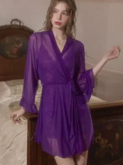 Pyjama robe de chambre ceinture violette lingerie d'intérieur superposée robe en mousseline transparente
