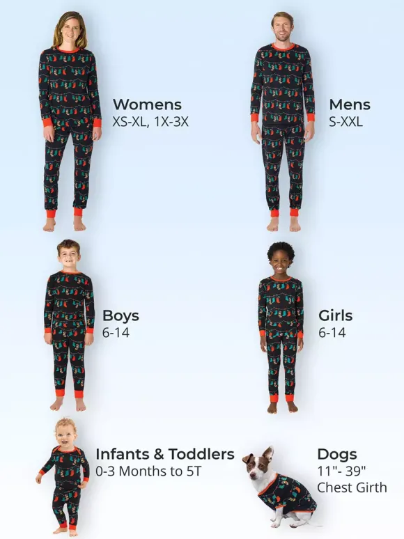 Pyjamas assortis pour toute la famille imprimé chaussettes de Noël noires et rouges et lumières collection 2026