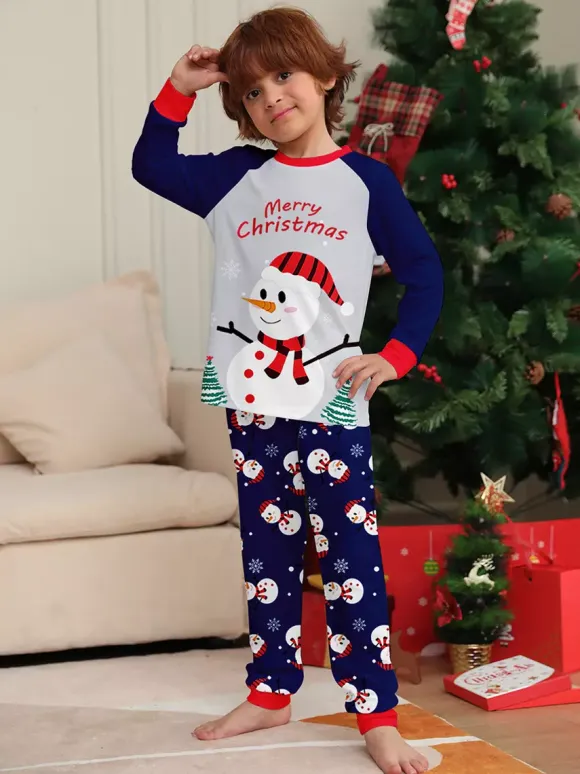 Pyjamas de Noël bleu marine à motif bonhomme de neige et bordure rouge collection 2026