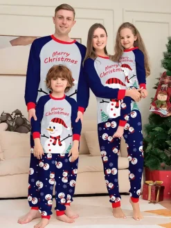 Pyjamas de Noël bleu marine à motif bonhomme de neige et bordure rouge collection 2026