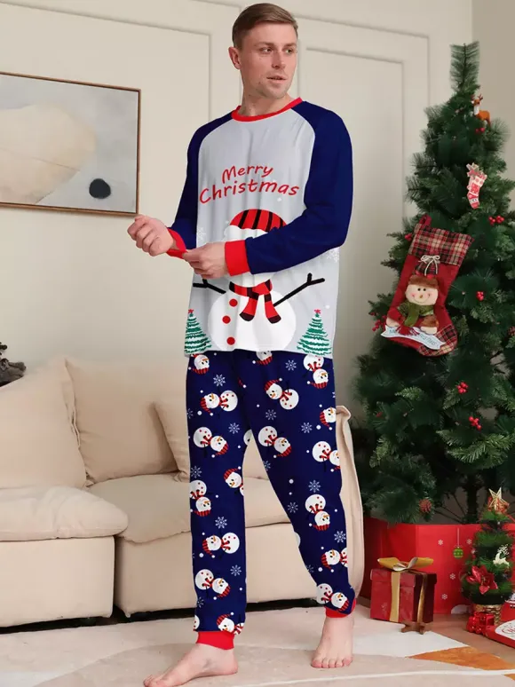 Pyjamas de Noël bleu marine à motif bonhomme de neige et bordure rouge collection 2026