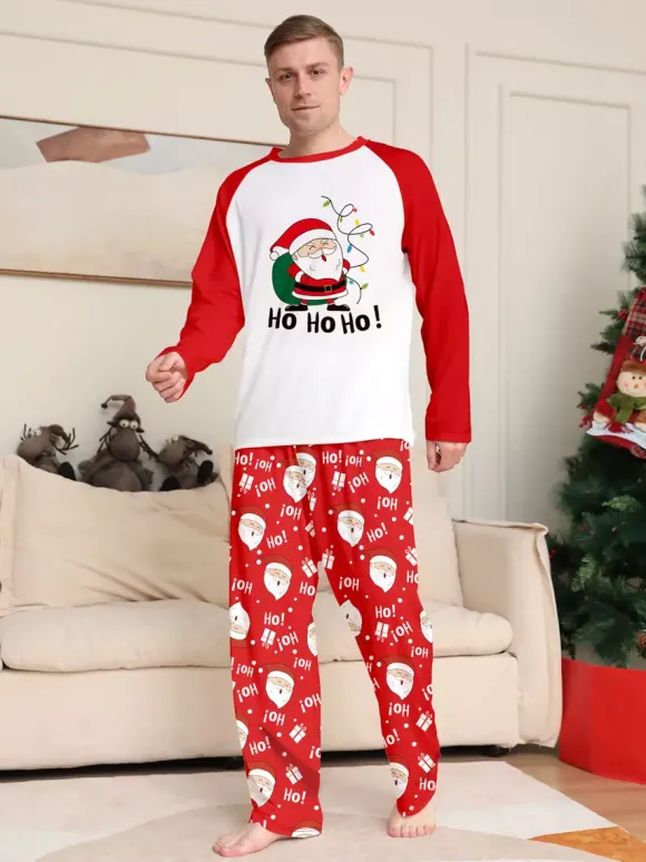 Pyjamas de Noël familiaux rouge et blanc à manches raglan et imprimé Père Noël 2026