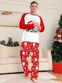 Pyjamas de Noël familiaux rouge et blanc à manches raglan et imprimé Père Noël 2026