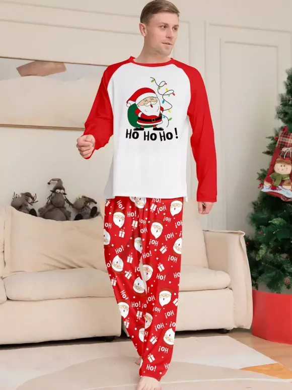 Pyjamas de Noël familiaux rouge et blanc à manches raglan et imprimé Père Noël 2026