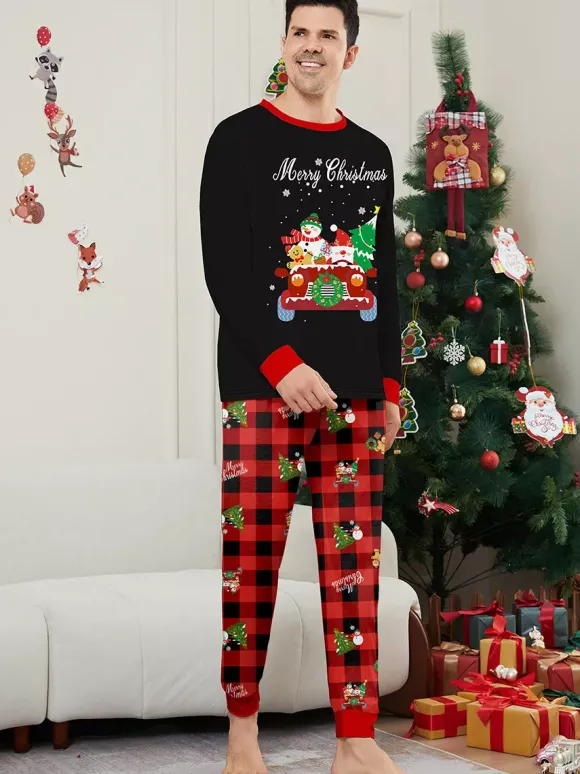 Pyjamas de Noël familiaux à carreaux noirs et rouges motif voiture et bonhomme de neige collection 2026