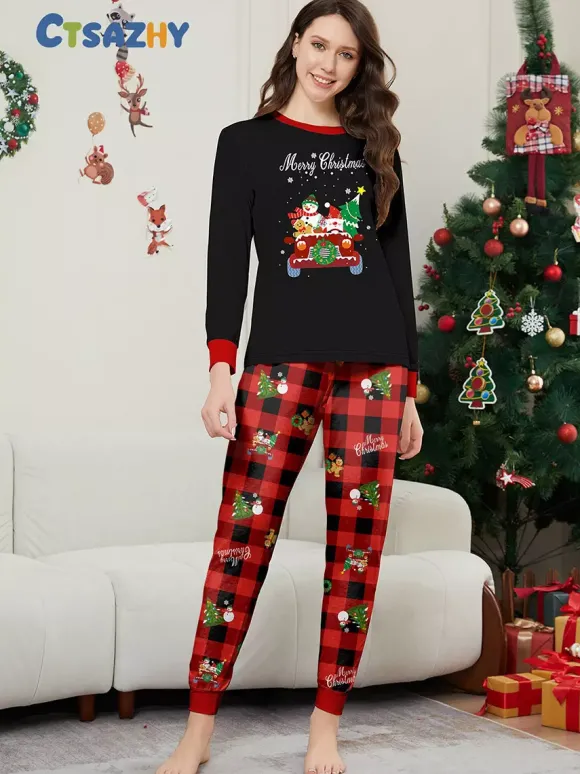 Pyjamas de Noël familiaux à carreaux noirs et rouges motif voiture et bonhomme de neige collection 2026