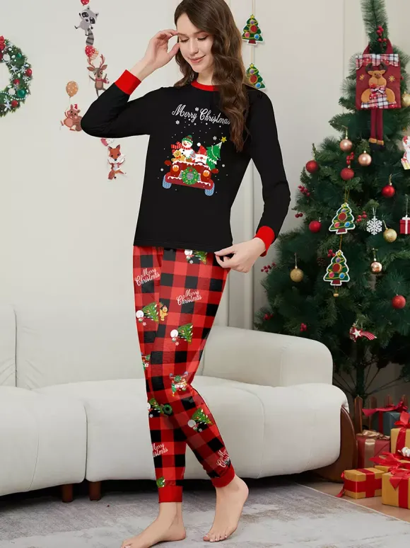 Pyjamas de Noël familiaux à carreaux noirs et rouges motif voiture et bonhomme de neige collection 2026