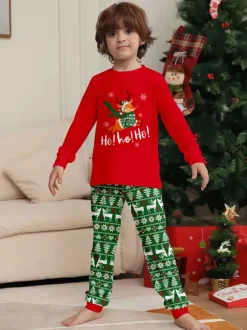 Pyjamas de Noël familiaux à motif Fair Isle rouge et vert avec des rennes (collection 2026)