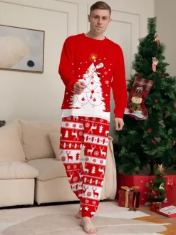 Pyjamas familiaux à imprimé sapin de Noël rouge et blanc et rennes collection fêtes 2026