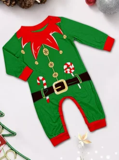Pyjamas familiaux à rayures vertes et rouges sur le thème des lutins collection Noël 2026