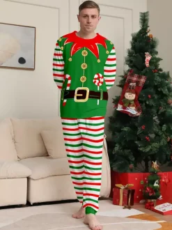 Pyjamas familiaux à rayures vertes et rouges sur le thème des lutins collection Noël 2026