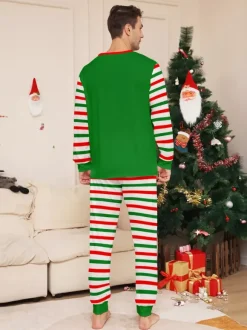 Pyjamas familiaux à rayures vertes et rouges sur le thème des lutins collection Noël 2026