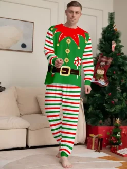 Pyjamas familiaux à rayures vertes et rouges sur le thème des lutins collection Noël 2026