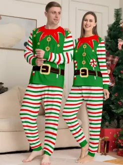 Pyjamas familiaux à rayures vertes et rouges sur le thème des lutins collection Noël 2026