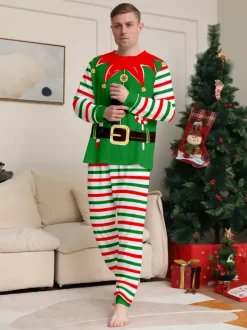 Pyjamas familiaux à rayures vertes et rouges sur le thème des lutins collection Noël 2026