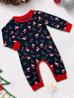 Pyjamas familiaux bleu marine et rouge « Joyeux Noël » imprimé canne à sucre collection 2026