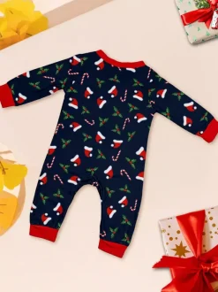 Pyjamas familiaux bleu marine et rouge « Joyeux Noël » imprimé canne à sucre collection 2026
