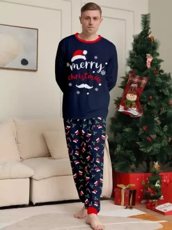 Pyjamas familiaux bleu marine et rouge « Joyeux Noël » imprimé canne à sucre collection 2026