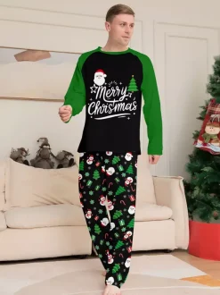 Pyjamas familiaux raglan noirs et verts à imprimé sapin et bonhomme de neige Joyeux Noël 2026