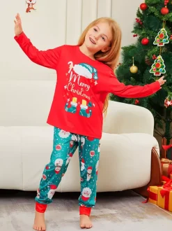 Pyjamas familiaux rouges et turquoise avec imprimé Joyeux Noël 2026