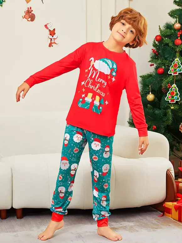Pyjamas familiaux rouges et turquoise avec imprimé Joyeux Noël 2026