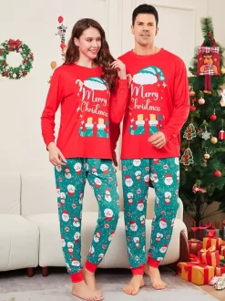 Pyjamas familiaux rouges et turquoise avec imprimé Joyeux Noël 2026