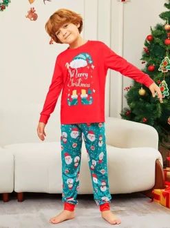 Pyjamas familiaux rouges et turquoise avec imprimé Joyeux Noël 2026