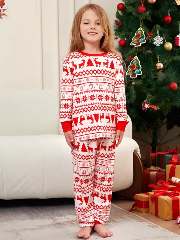 Pyjamas de Noël familiaux classiques à imprimé rennes rouges et blancs collection 2026