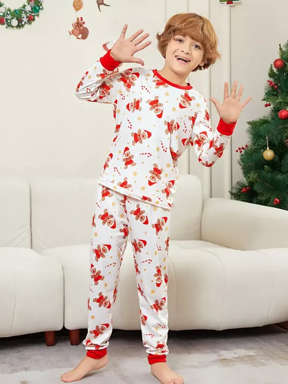 Pyjamas de Noël familiaux imprimés bonhomme en pain d'épice blanc et rouge 2026