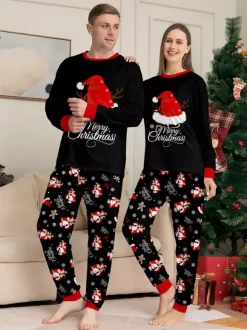 Pyjamas de Noël familiaux 2026 à imprimé pain d'épice et bonnet de Père Noël noir et rouge
