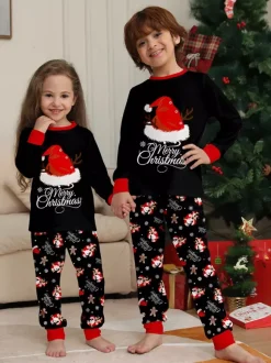 Pyjamas de Noël familiaux 2026 à imprimé pain d'épice et bonnet de Père Noël noir et rouge