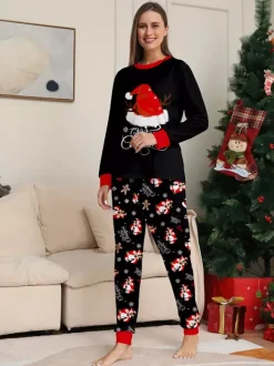 Pyjamas de Noël familiaux 2026 à imprimé pain d'épice et bonnet de Père Noël noir et rouge