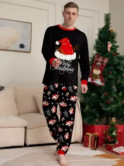 Pyjamas de Noël familiaux 2026 à imprimé pain d'épice et bonnet de Père Noël noir et rouge