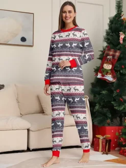Pyjamas de Noël familiaux à motif Fair Isle de rennes gris avec bordure rouge 2026