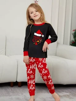 Pyjamas de Noël noirs et rouges pour toute la famille avec haut bonnet de Père Noël et pantalon Ho Ho Ho (collection 2026)