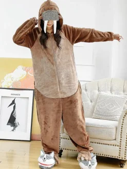 Pyjamas Kigurumi Carnaval Morse Onesie Adulte Café Marron Flanelle Combinaison Costume Carnavals Cosplay Halloween