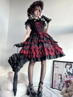 rentrée scolaireRobe gothique Lolita rouge noire à manches courtes avec n艙uds et volants style kawaii
